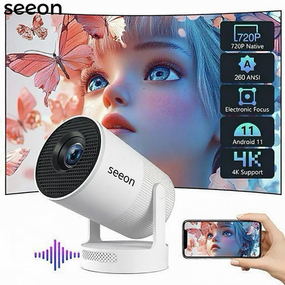SEEON 4K UItra Portable Projector with Electronic Focus 720P 260ANSI Speaker Android11 BT5.4 180° flexible Home Outdoor